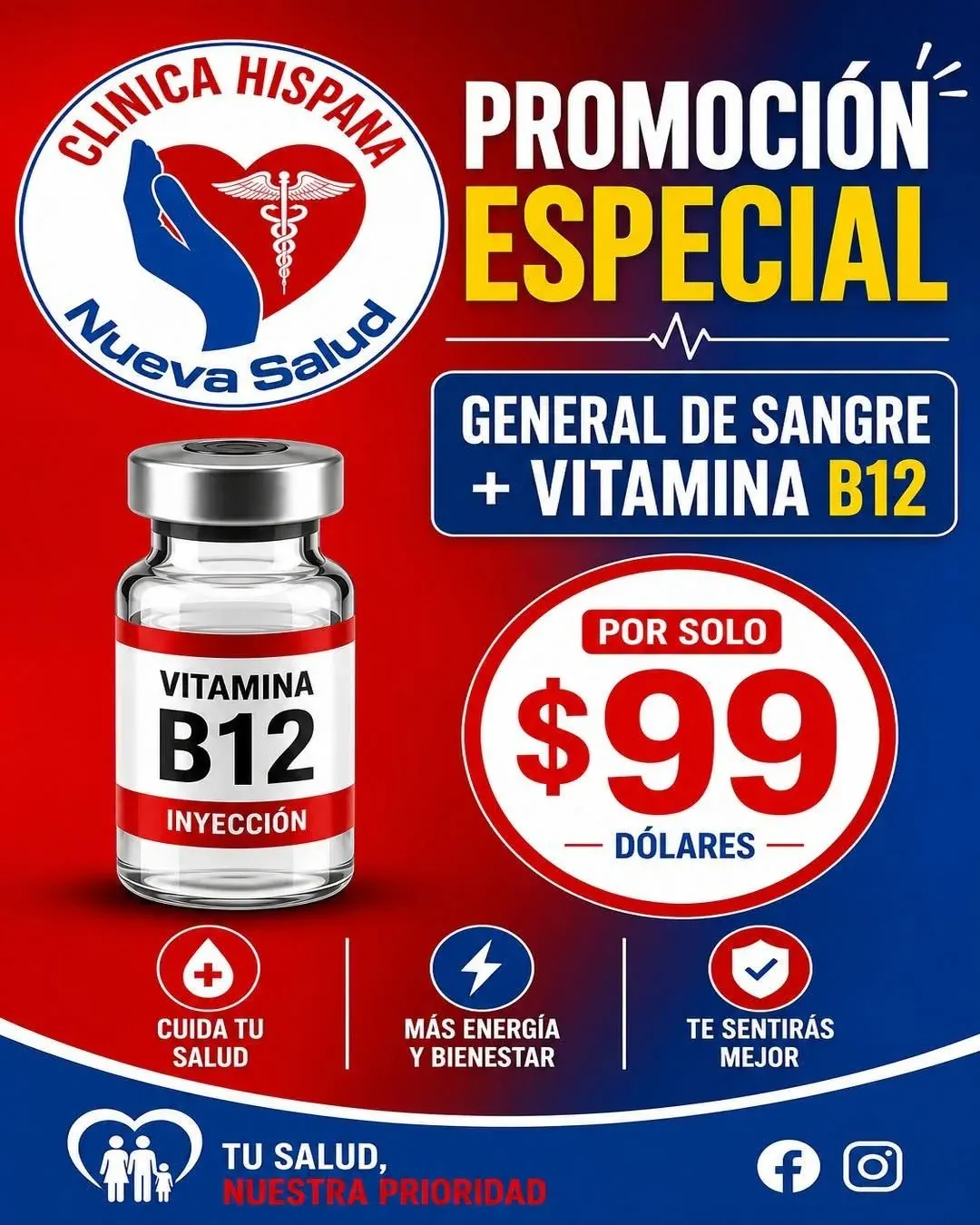 Flyer de la promoción General de Sangre más Vitamina B12 por $99 en Clínica Hispana Nueva Salud Lawndale, Houston