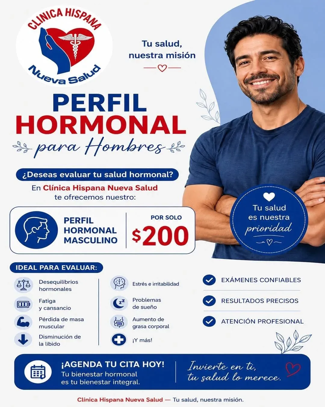 Flyer de la promoción Perfil Hormonal Masculino por $200 en Clínica Hispana Nueva Salud Lawndale, Houston