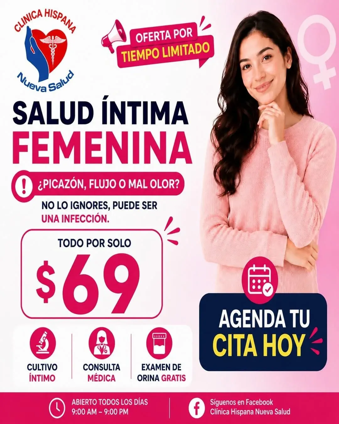 Flyer de la promoción Salud Íntima Femenina por $69 en Clínica Hispana Nueva Salud Lawndale, Houston